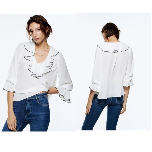 ZARA WHITE RUFFLED BLOUSE size S - Picture 1 of 6